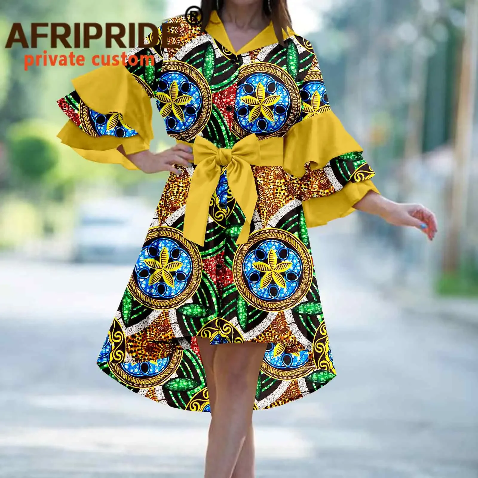 

African Dresses for Women Plus Size Loose High Waist Flare Sleeve Pure Cotton Casual Outfits Wax Attire Sexy Midi Dress A2125006