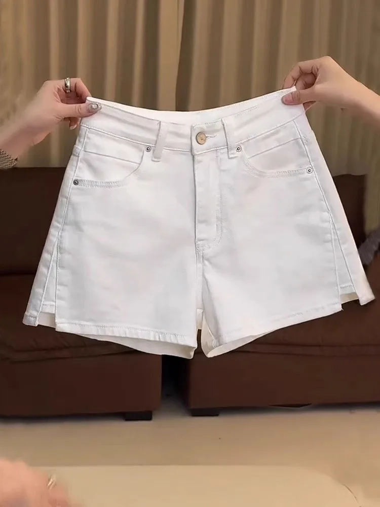 

Прямые джинсовые брюки с высокой талией, женские свободные утягивающие универсальные шорты трапециевидной формы больших размеров, летняя одежда, повседневные джинсы