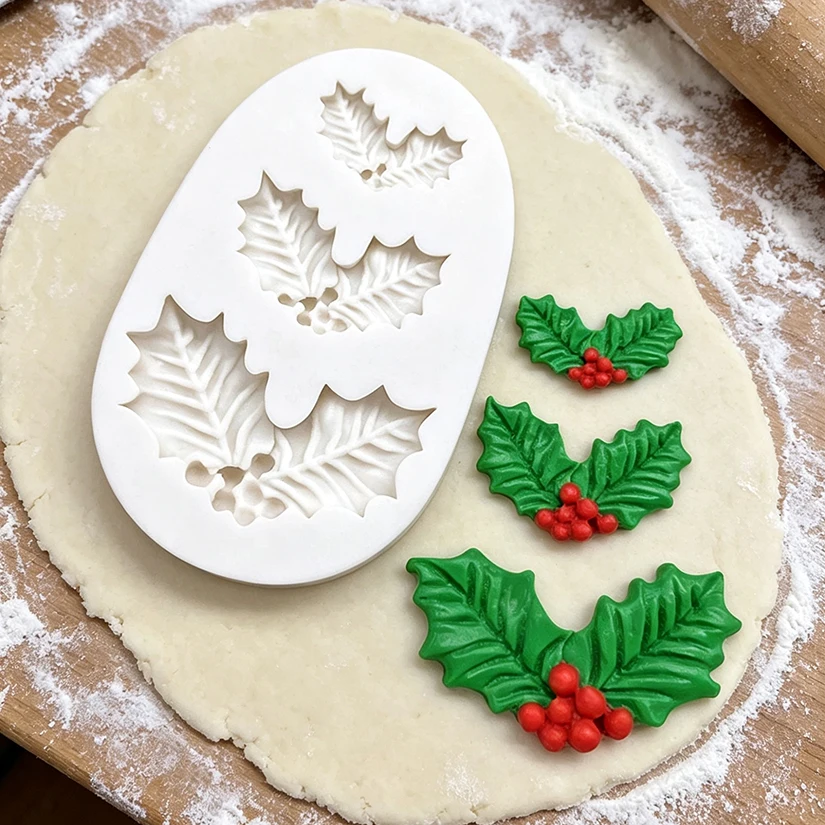 Holly Berry Weihnachten Silikon Sugar craft Form Harz Werkzeuge Cupcake Backform Fondant Kuchen Dekorations werkzeuge – Detail 5