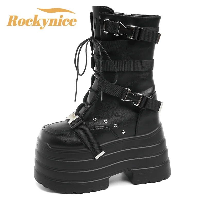 13.5CM Women Punk Boots Autumn Platform Outdoor Leather Sneakers Buckle Chunky Motorcycle Boots Nightclub Party High Heels 35-42