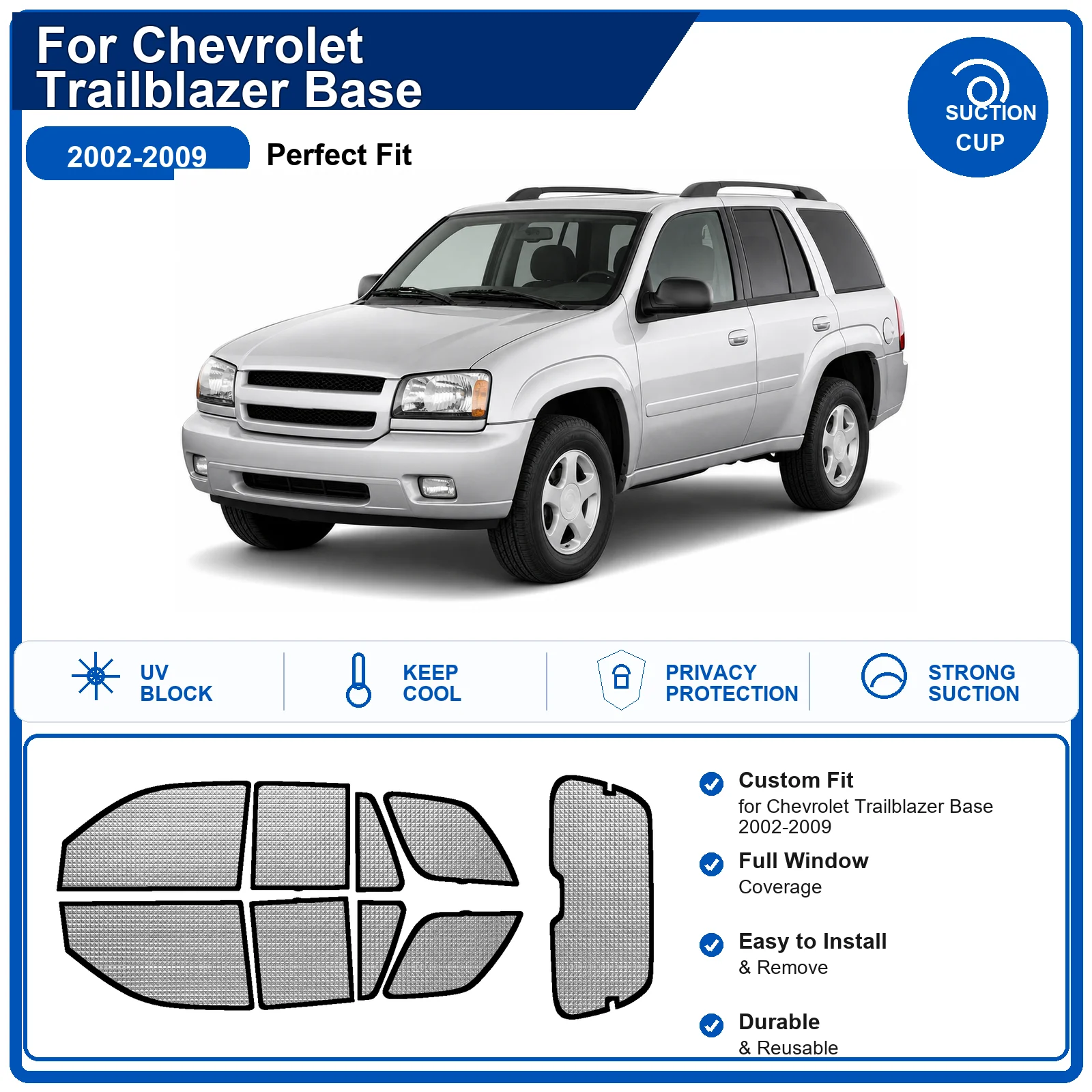 Pare-soleil complet personnalisé en aluminium pour Chevrolet Trailblazer Base 2002-2009, isolation thermique, anti-UV, pliable