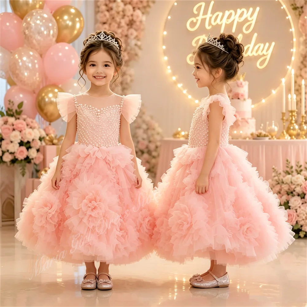 Girls Party Princess Puffy Dress Pink Children Evening Gown for Wedding Formal Homecoming Festival Costumes Piano Performance
