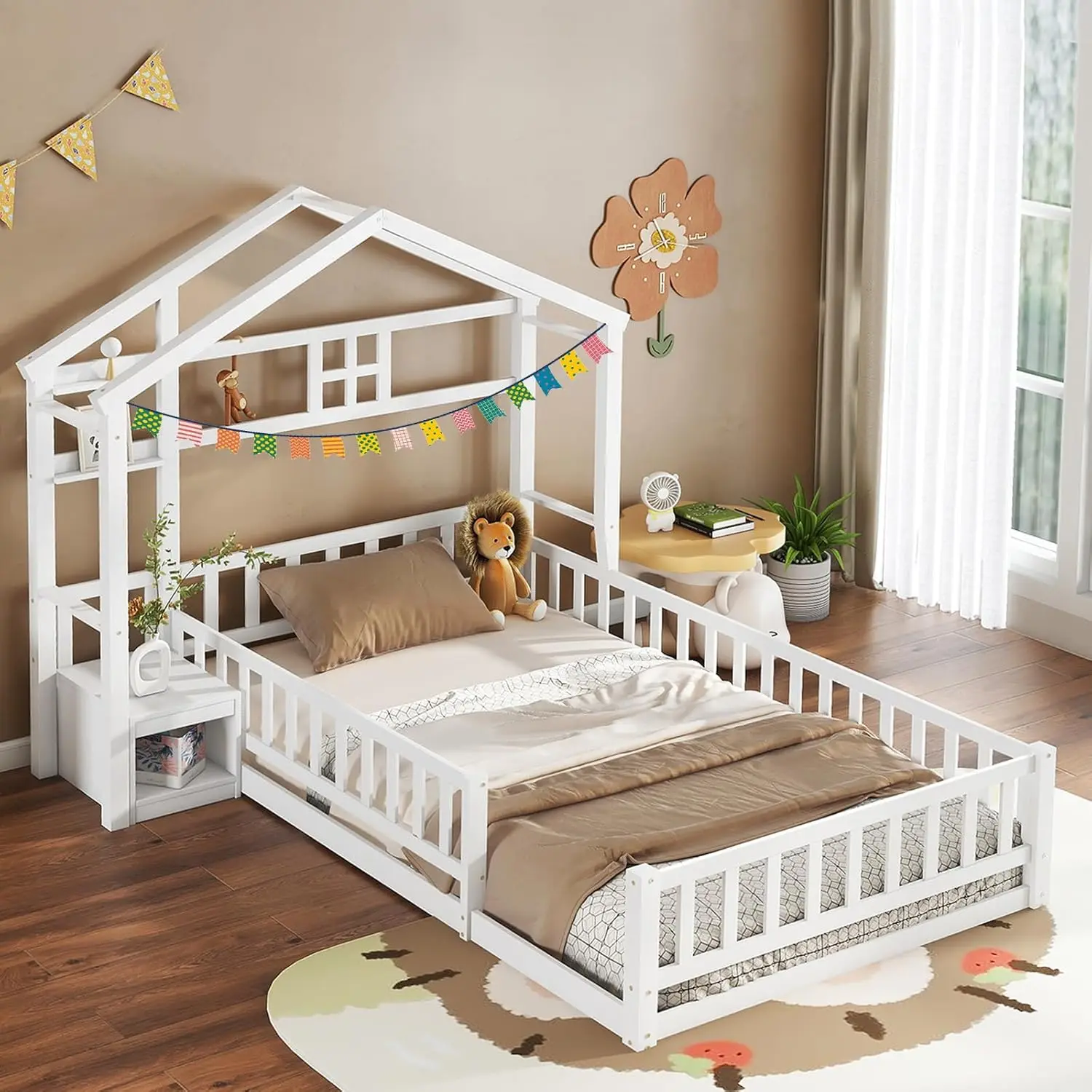 Wood House Bed Frame for Kids, Montessori Floor Bed with Rail, House Floor Bed with