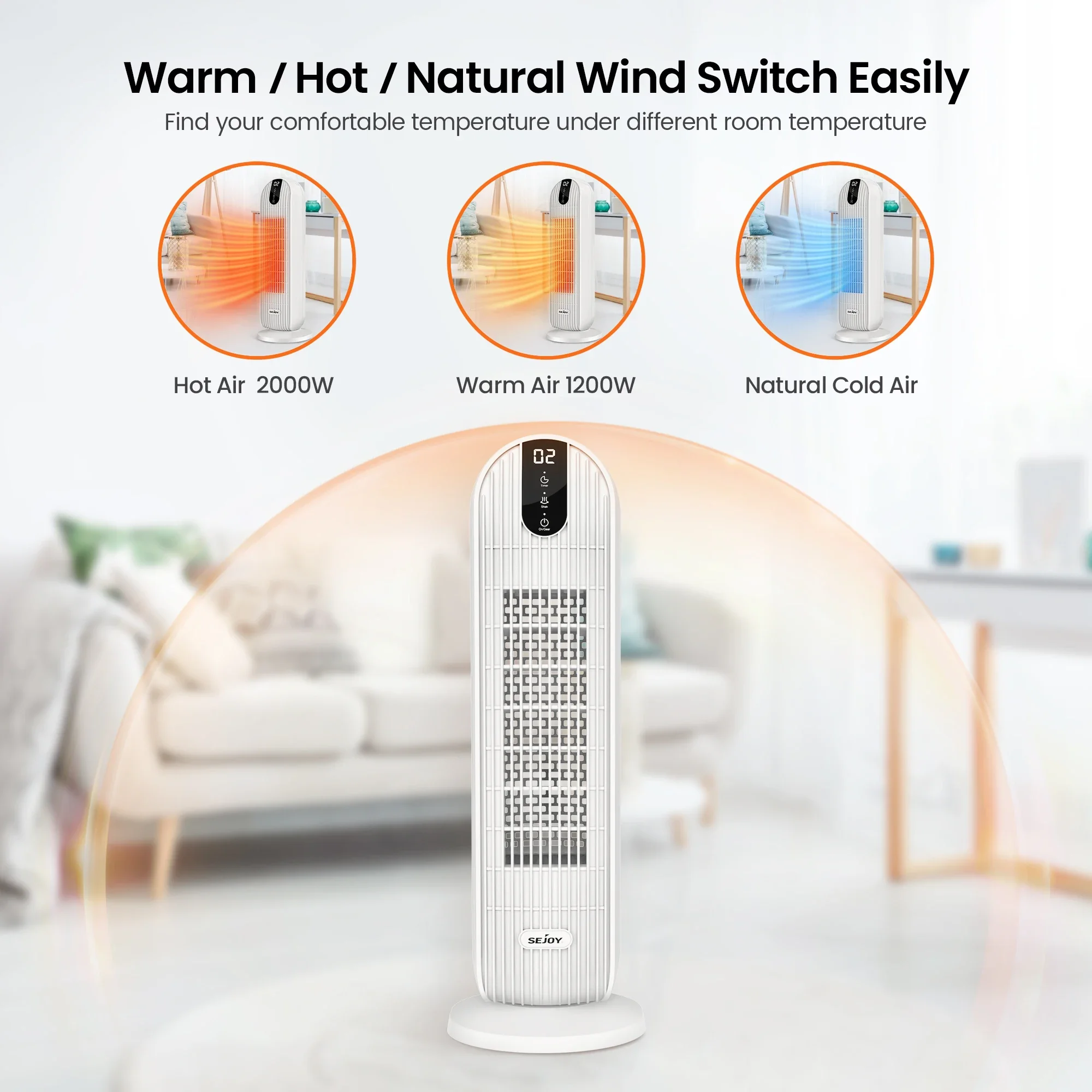 Sejoy 2000W Ceramic Space Heater Portable Electric Heater For Room House Timer  90° Oscillation, Auto-Off