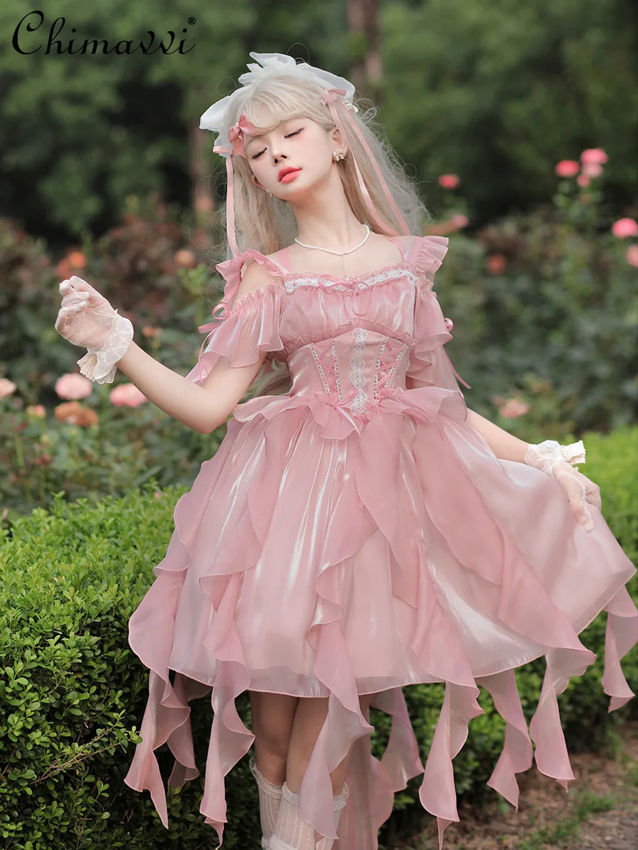 

Sweet and Cute Pink Lolita Dress New 2024 Summer Girl Lady Solid Color Heavy Industry Trailing Princess Ball Gown Mini Dresses