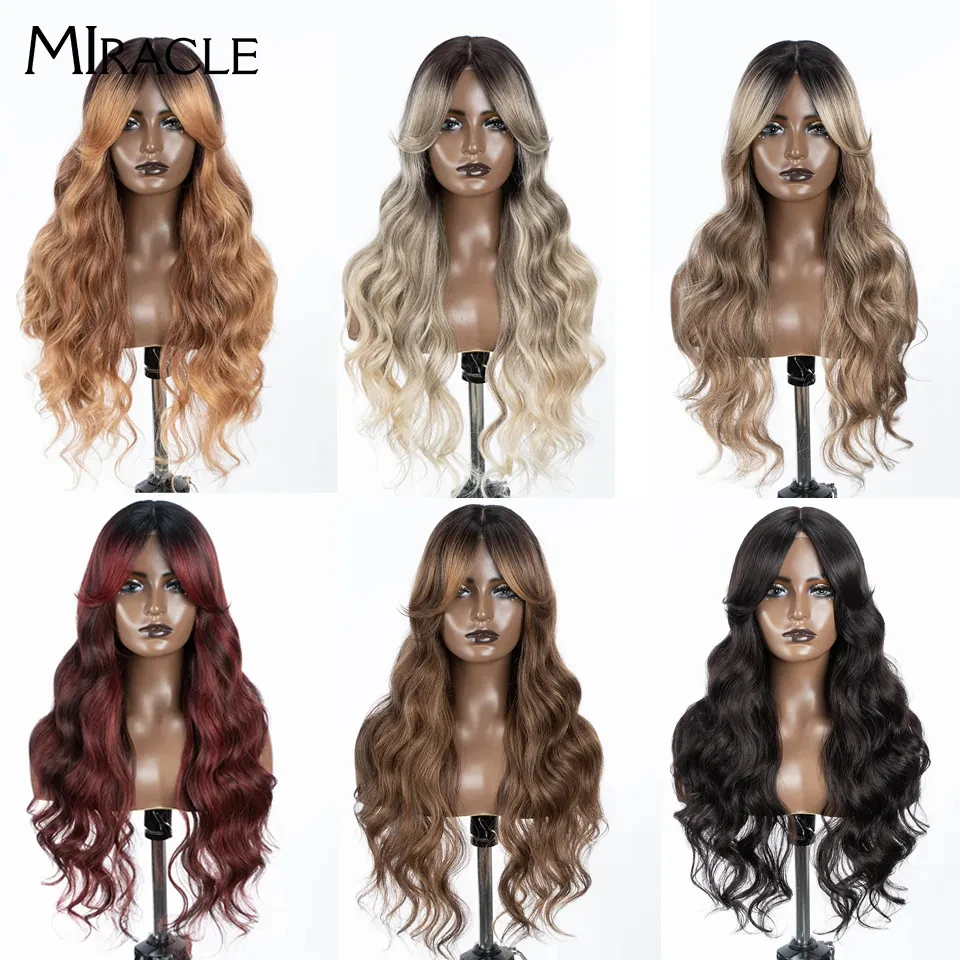 MIRACLE-Perruque Lace Front Synthétique pour Femme, Perruque Cosplay Blonde, Longue Ondulée, Corps Ondulé, Partie Latérale, Marron, 36"