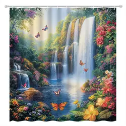 Waterfall Shower Curtain Rustic Floral Butterfly Fantasy Forest Tropical Plant Lake Nature Landscape Bathroom Decor with Hooks