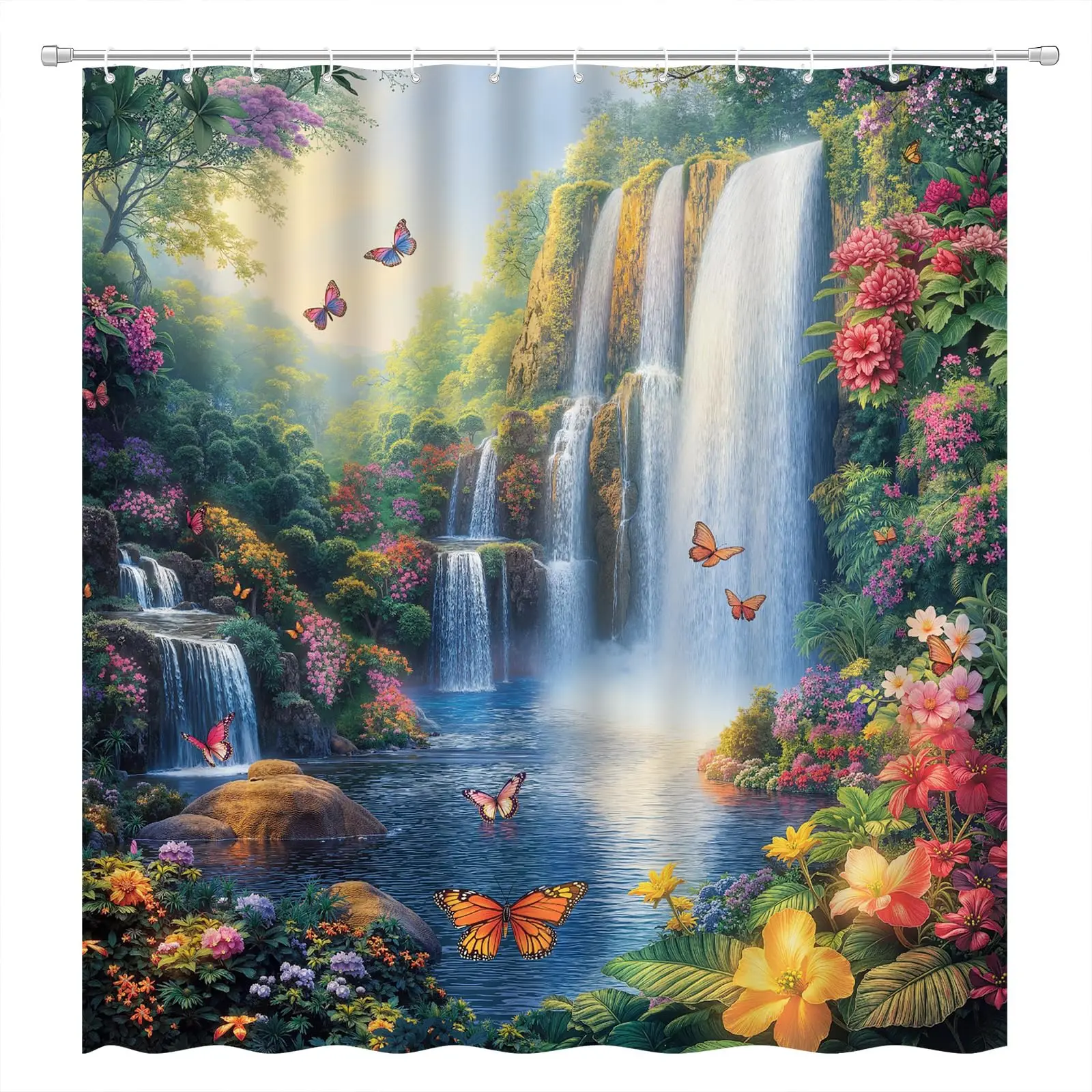 Waterfall Shower Curtain Rustic Floral Butterfly Fantasy Forest Tropical Plant Lake Nature Landscape Bathroom Decor with Hooks