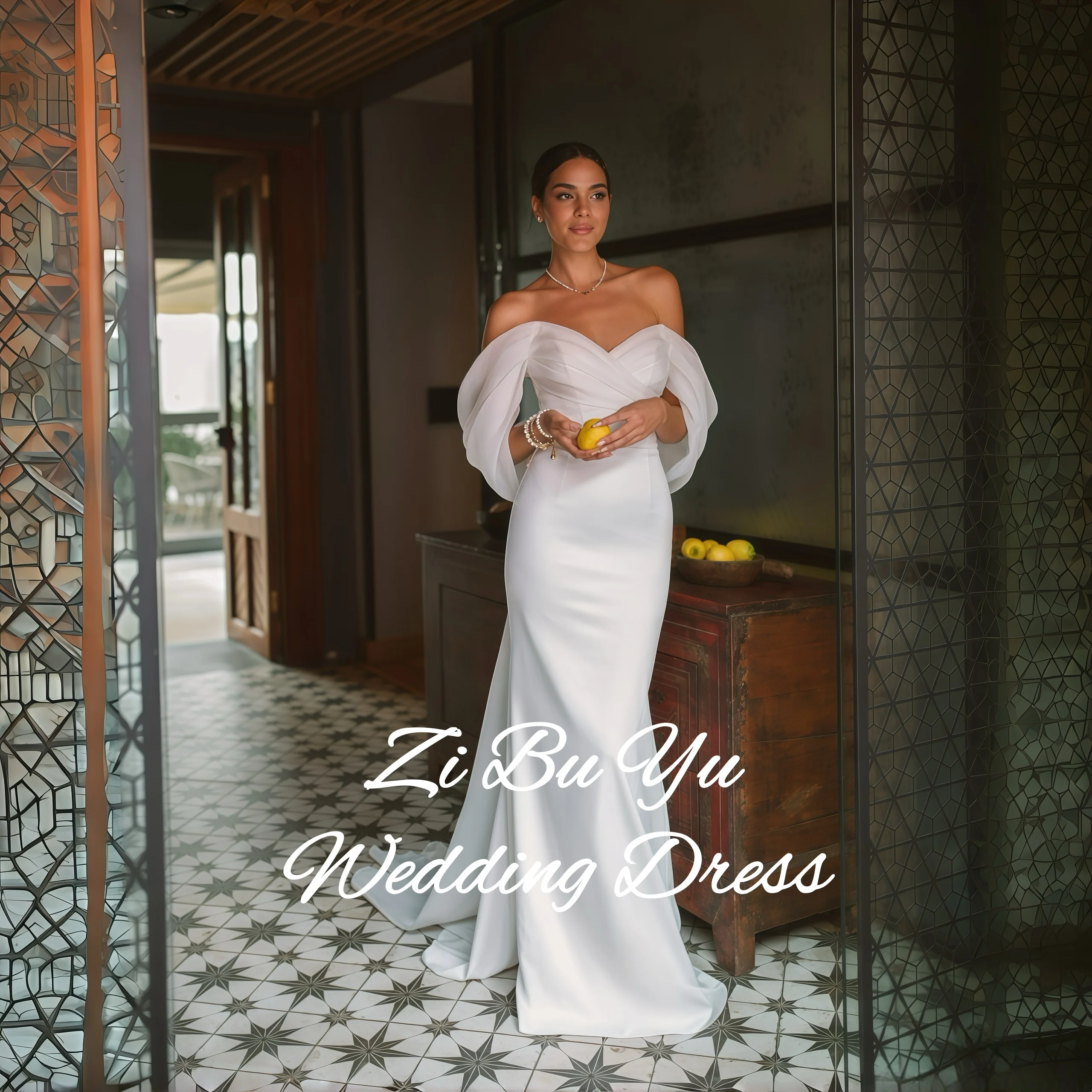 

ZIBUYU Customized Elegant Wedding Dress Off-the-Shoulder Sweetheart Neck Puff Sleeve Satin Backless Mermaid Train Bridal Gowns