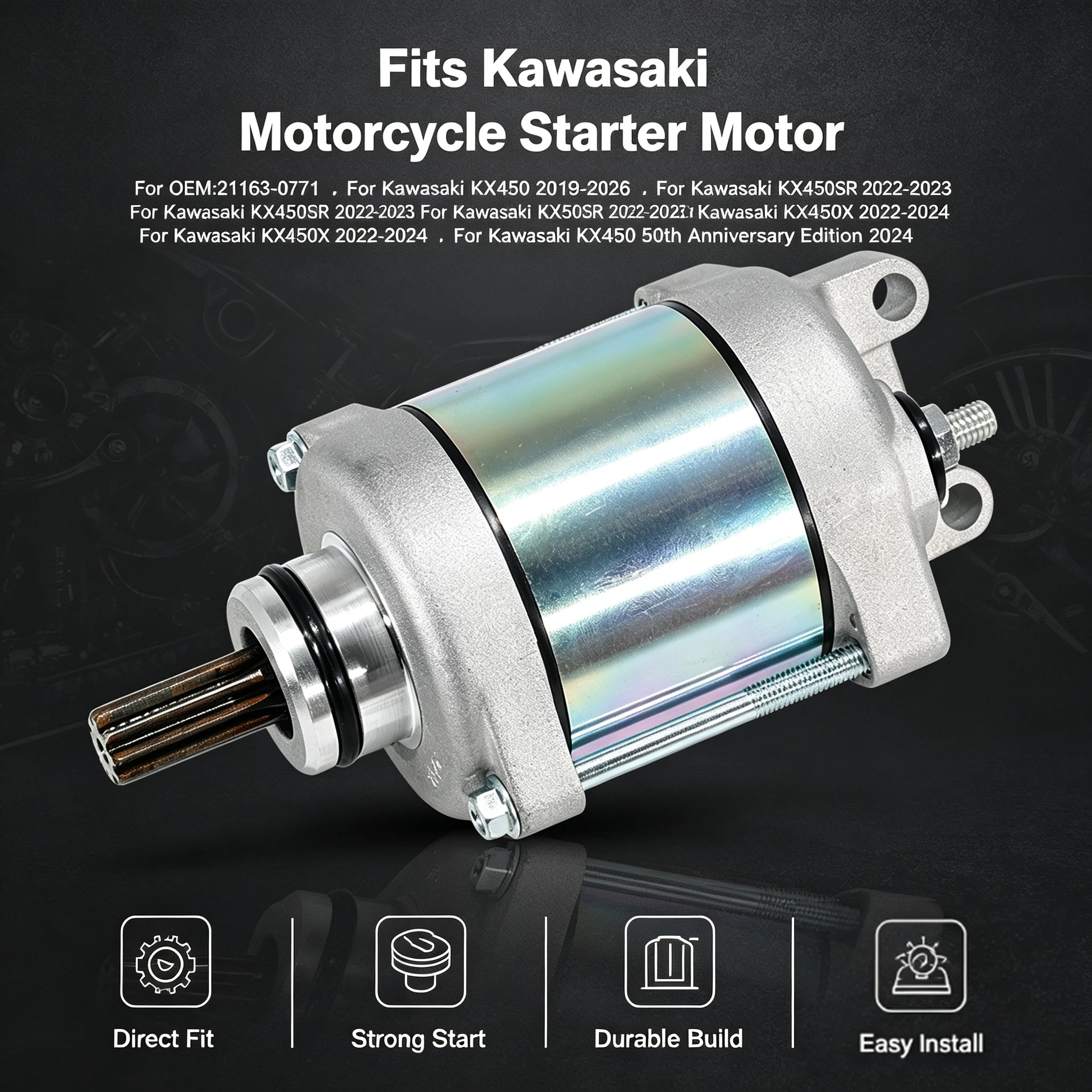 Starter Motor 21163-0771 for Kawasaki KX450 2019-2026, KX450SR 2022-2023, KX450X 2022-2024, KX450 50th Anniversary Edition 2024