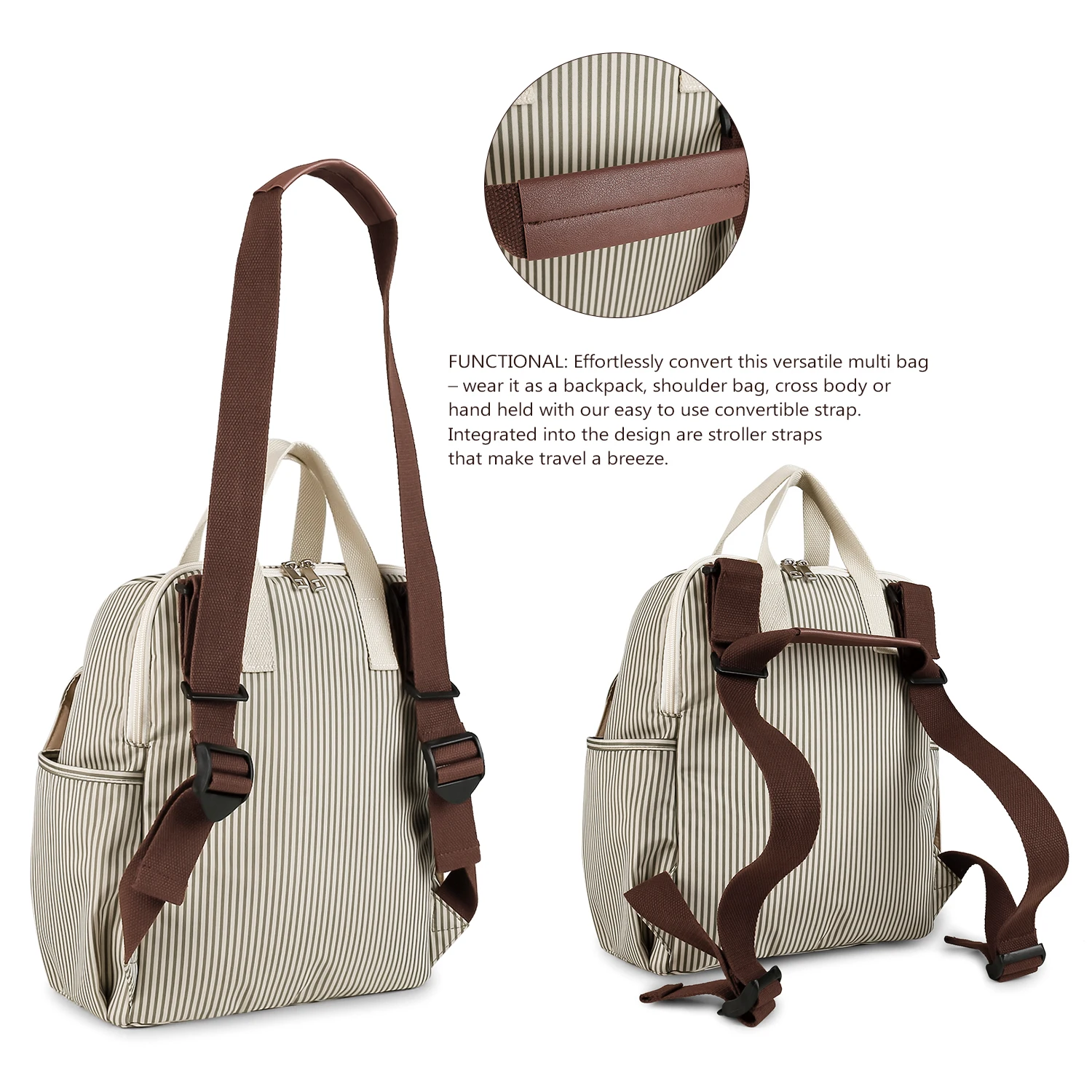 تشتمل أمي الكتف على حصيرة البول، وحقيبة زجاجات مستقلة، وحقيبة الأم متعددة الوظائف، وحقيبة سفر للأمهات والطفل