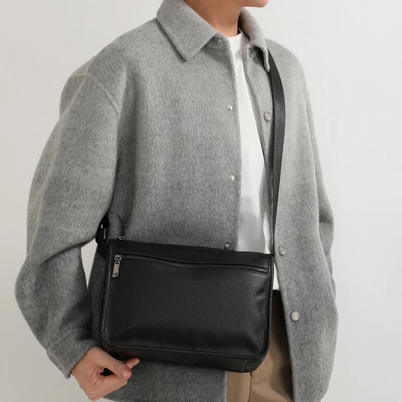 Bolso Bandolera Casual de Moda para Hombre, de Cuero Vacuno Genuino, Minimalista, con Gran Capacidad, para Negocios, de Alta Gama