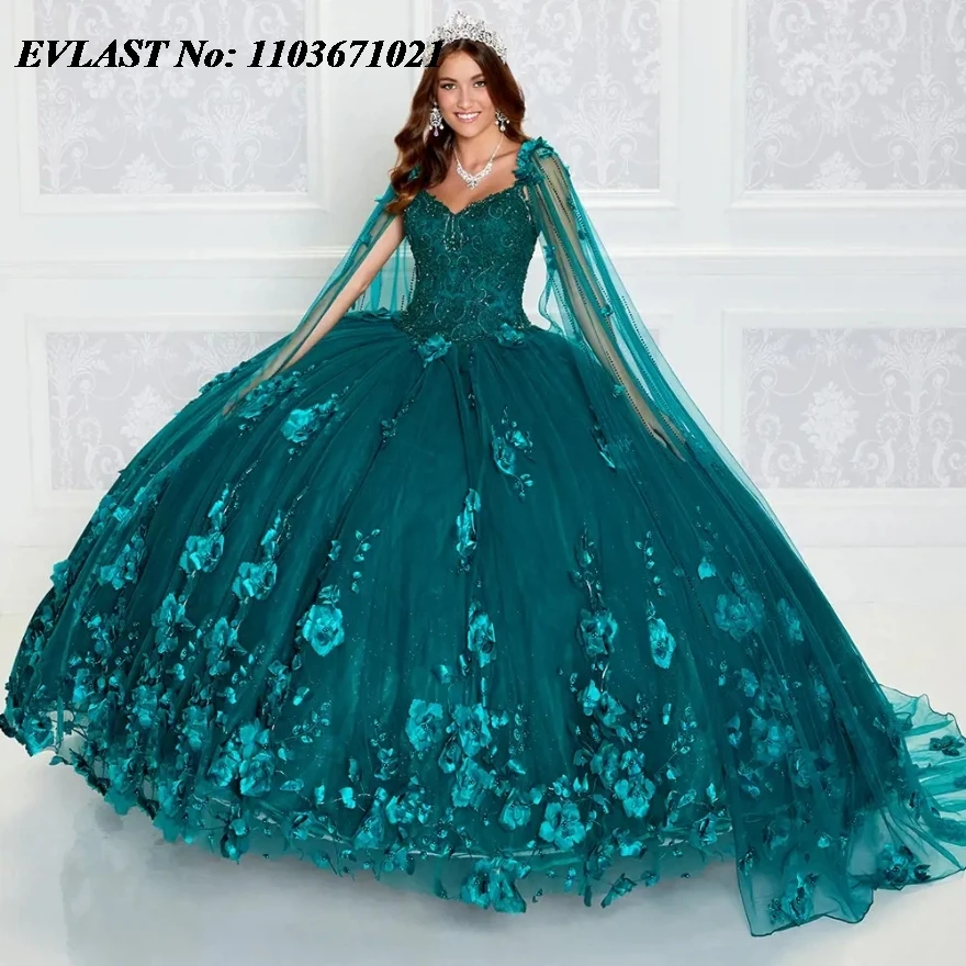 EVLAST Royal Blue Quinceanera Dress Ball Gown 3D Floral Applique Beaded With Cape Bow Mexico Sweet 16 Vestidos De 15 Anos SQ223