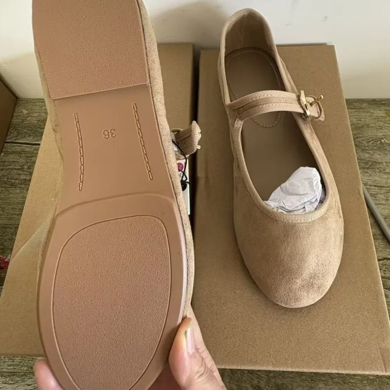 Mary Jane Shoes Women Vintage Suede Comfortable Round Toe Buckle Strap Non Slip 2026 Autumn Brown Retro Office Ballet Flat Shoes view 6