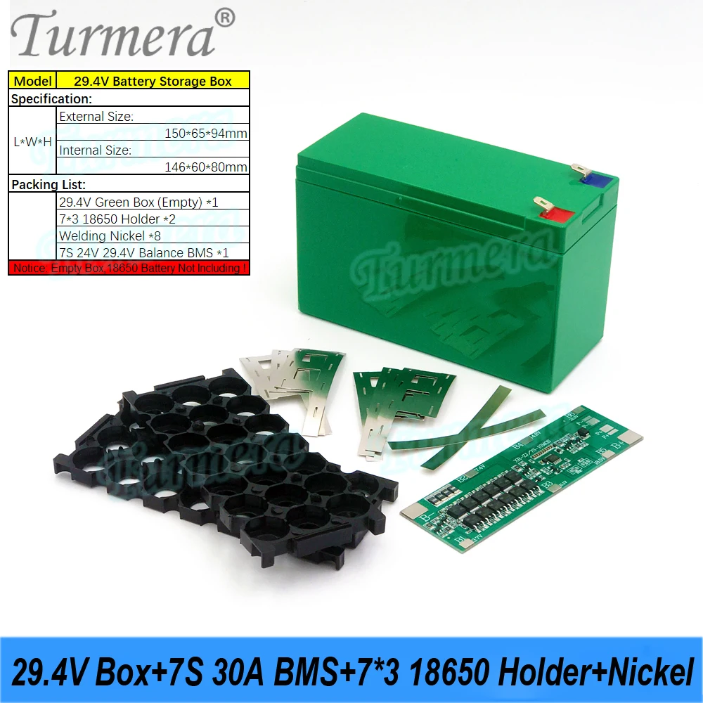 Turmera 29.4V Battery Storage Box 30A Balance BMS 18650 7S3P Holder Welding Nickel Use in Electric Bike or Replace 24V Lead-Acid