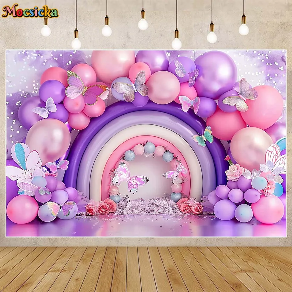 

Mocsicka Girls Photo Background Butterfly Purple Pink Arch Balloon Baby Cake Smash Party Backdrop Photography Photo Studio Props