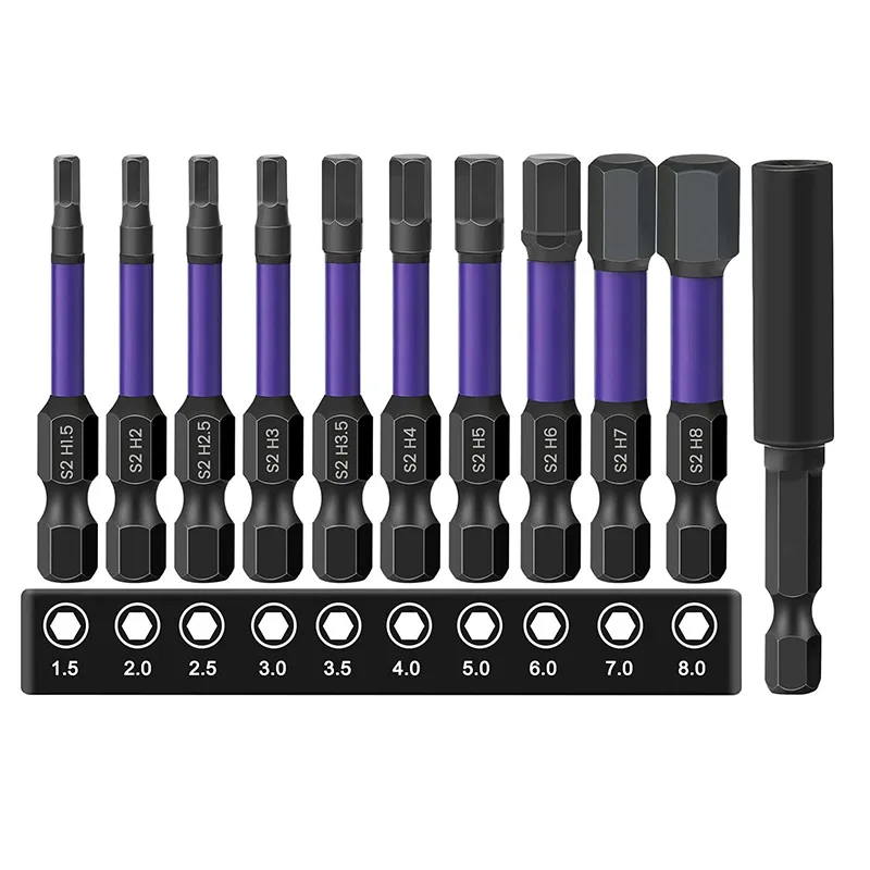 

10Pcs/set 1/4” Hex Shank Hexagonal Screwdriver Bit Magnetic H1.5-H8 With Hex connecting rod tools