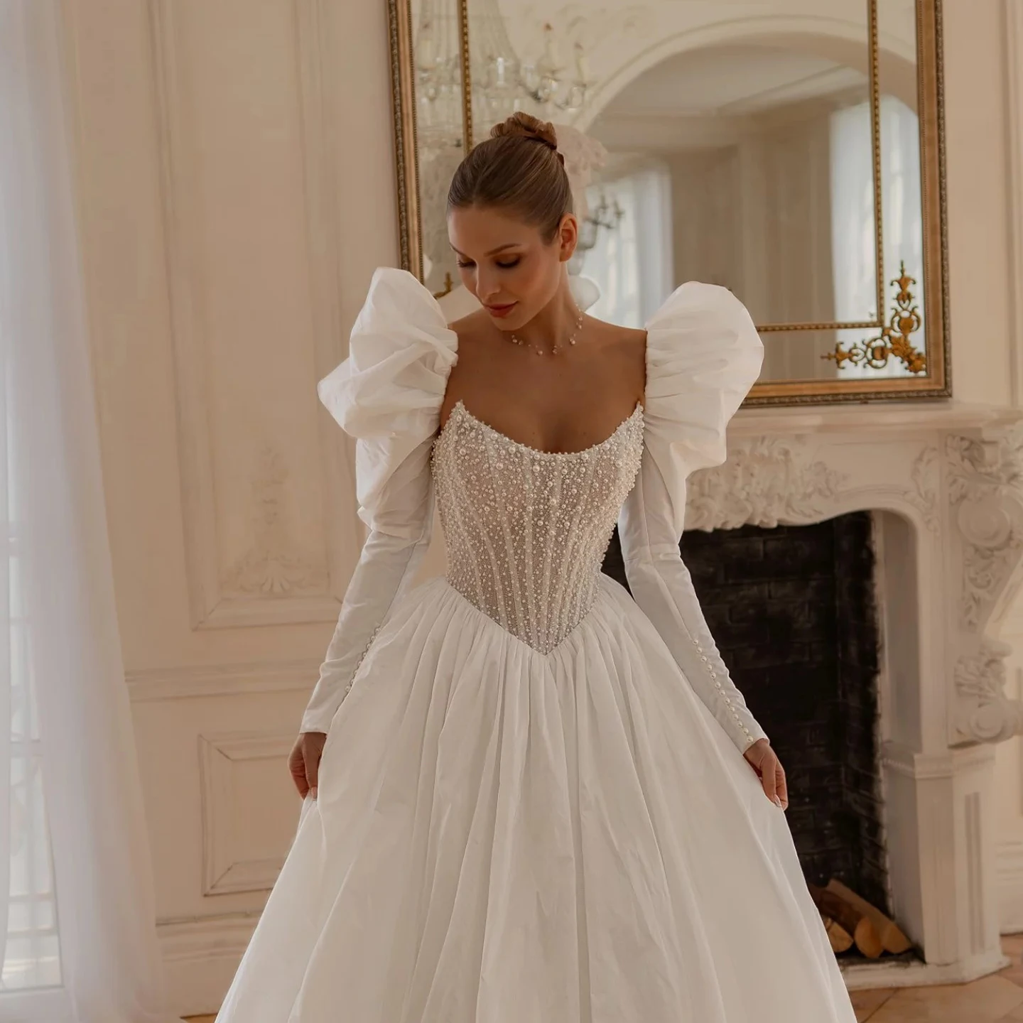 Elegant Detachable Puff Taffeta Wedding Sleeves Not Include Dress Off Shoulder Removable Bridal Arm Cuffs Pearl Button