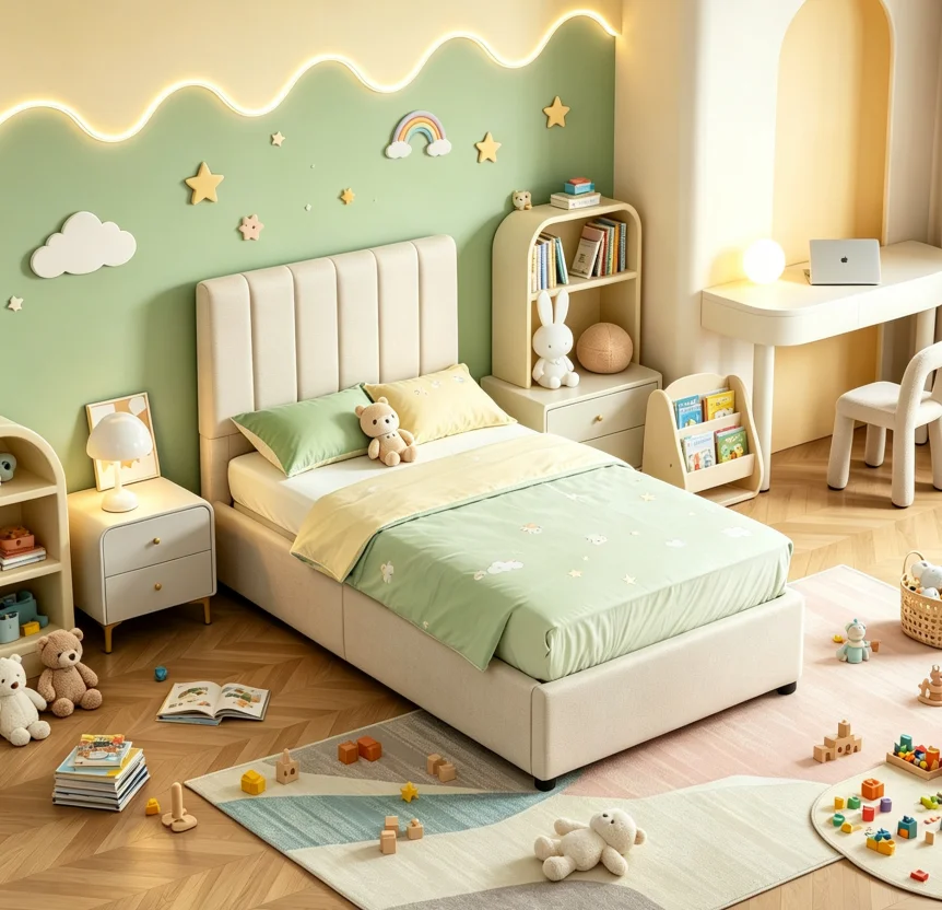 Letto per bambini rivestito in lino Rosahqnda, dimensioni 90×200 cm, con contenitore a scomparsa a meccanismo idraulico, struttura del letto con piano imbottito e rete a doghe, senza rete a molle,