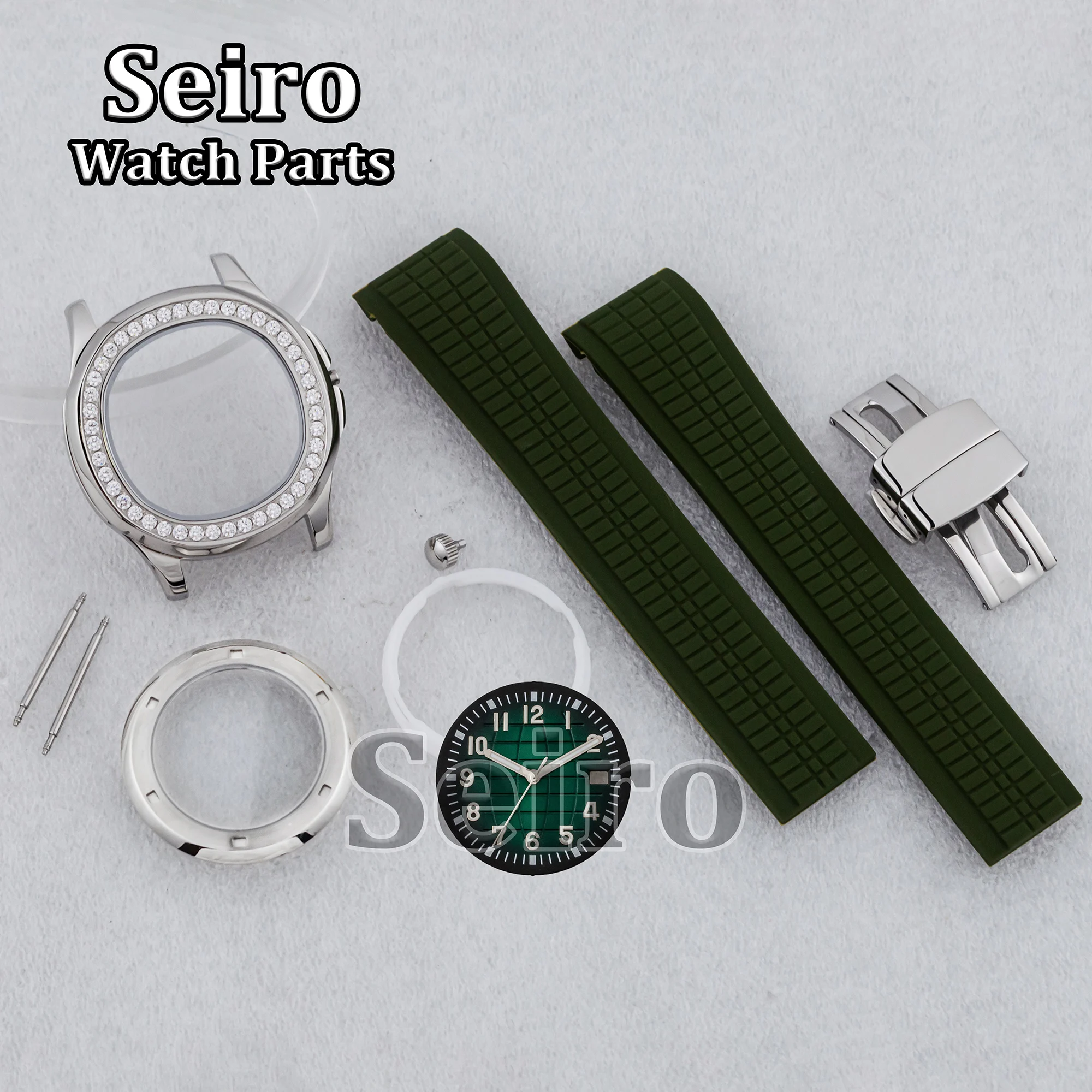 

42MM Diamond Watch Case Dark Green Red Rubber Strap 32MM Luminous Dial Hands for AQUANAUT Nautilus NH35 NH36 Movement MOD Parts