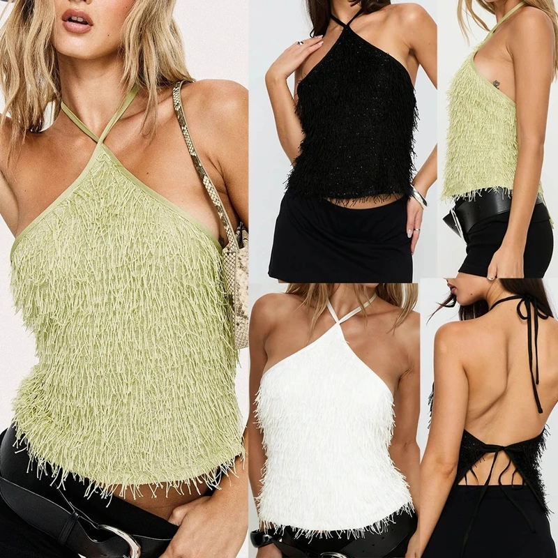 Women Plush Fuzzy Crop Tank Top Fluffy Backless Lace-up Halter Neck Vest Y2K Tied Open Back Camis Going Out Streewear