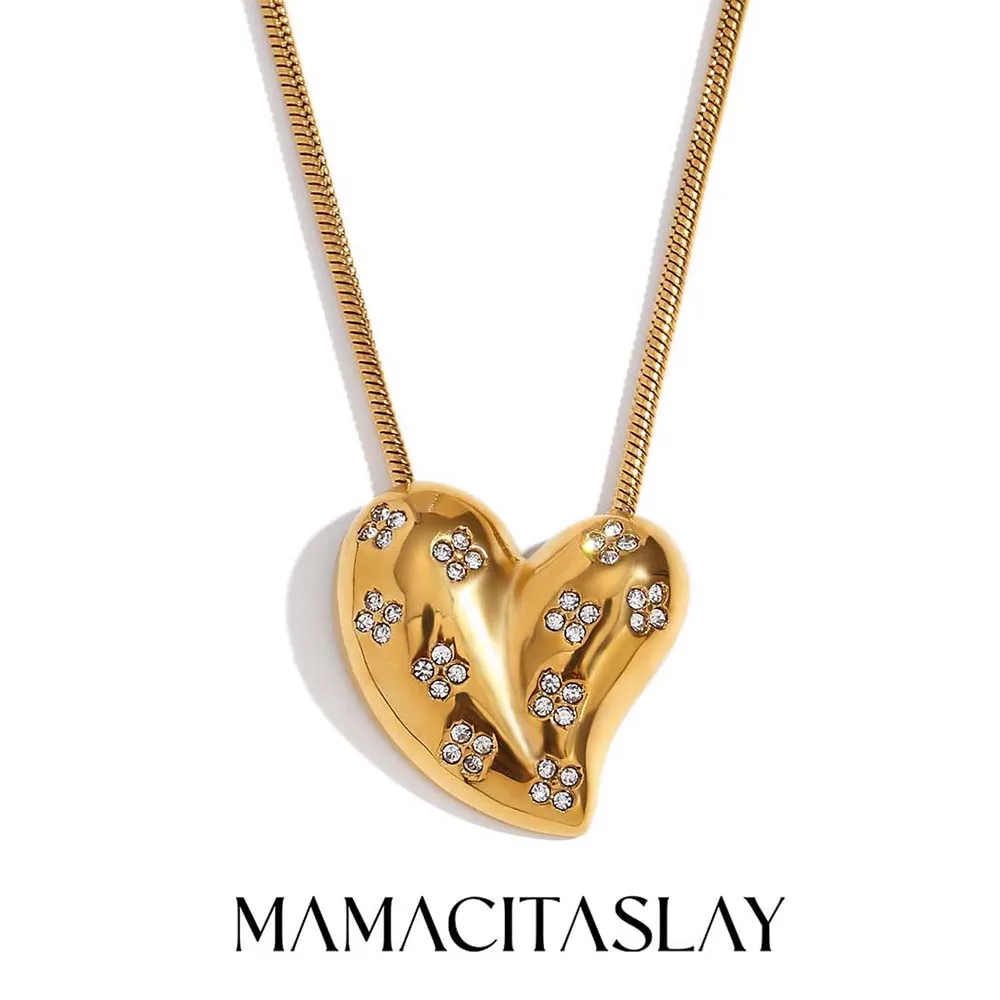 MamacitaSlay Stylish Heart Pendant Shiny Small Flowers necklace Waterproof stainless steel women's jewelry women's neck chain