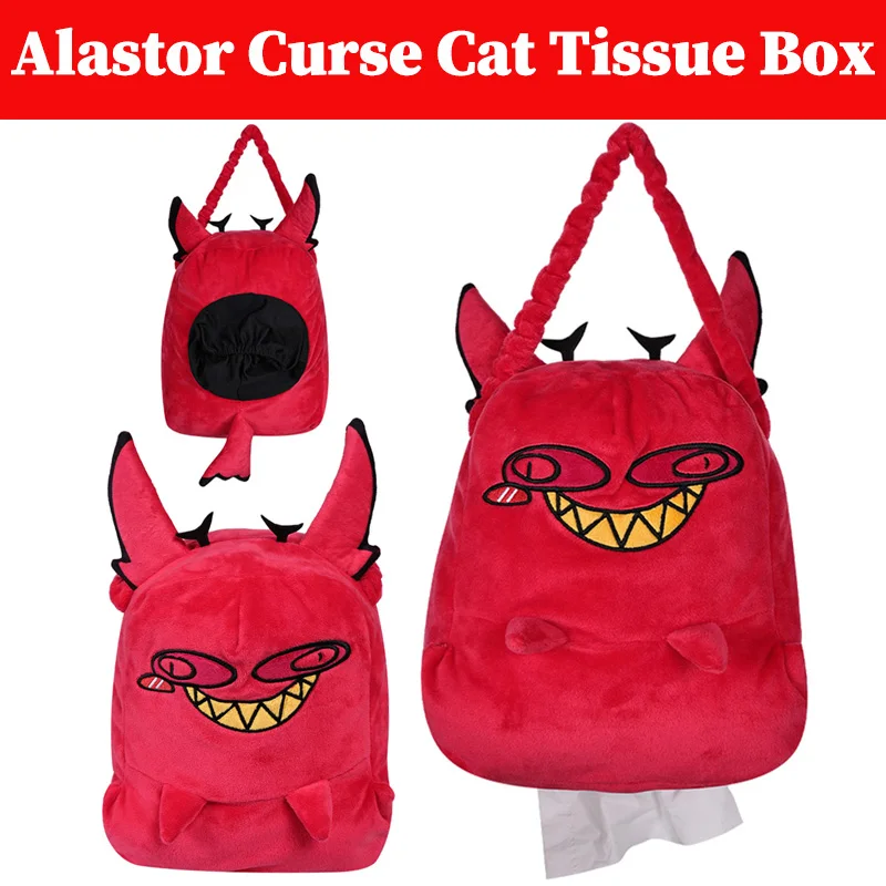 

Коробка для салфеток Alastor с изображением кота, плюшевая подвесная коробка для туалетной бумаги, аниме мультяшный ад, Хелл ИНН, домашний декор, подарки на день рождения и Рождество для взрослых