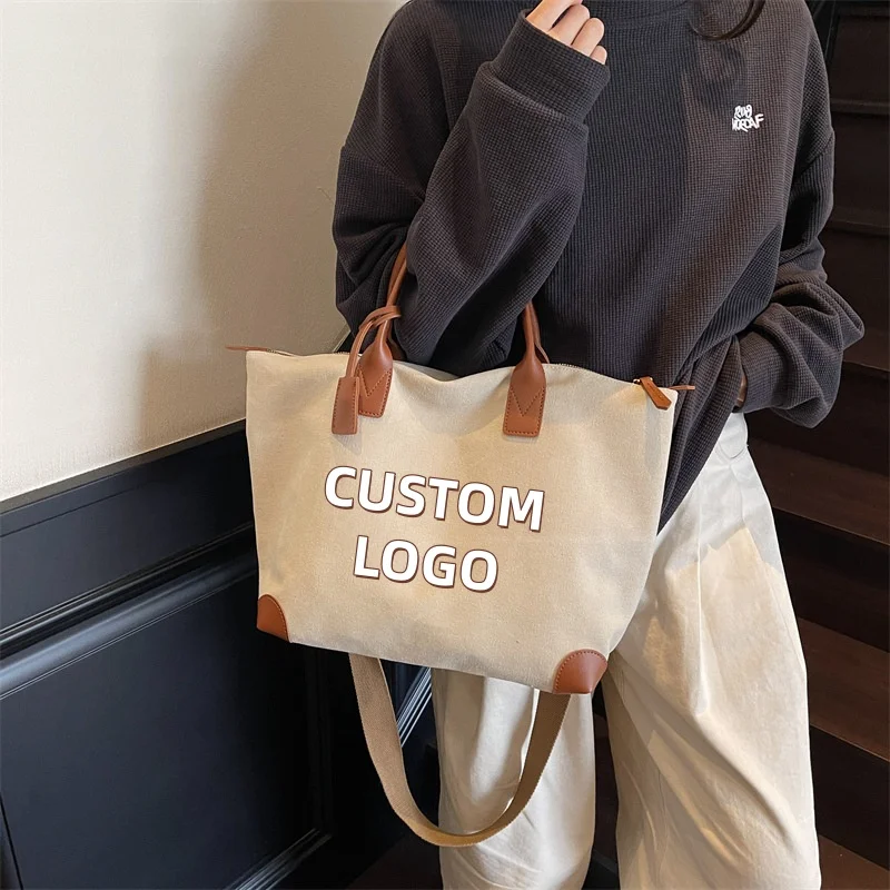 

Custom Logo Canvas Tote Bag, Large Capacity Zippered Shoulder Bag, Reusable Work & Travel Handbag with PU Trim for Men Women