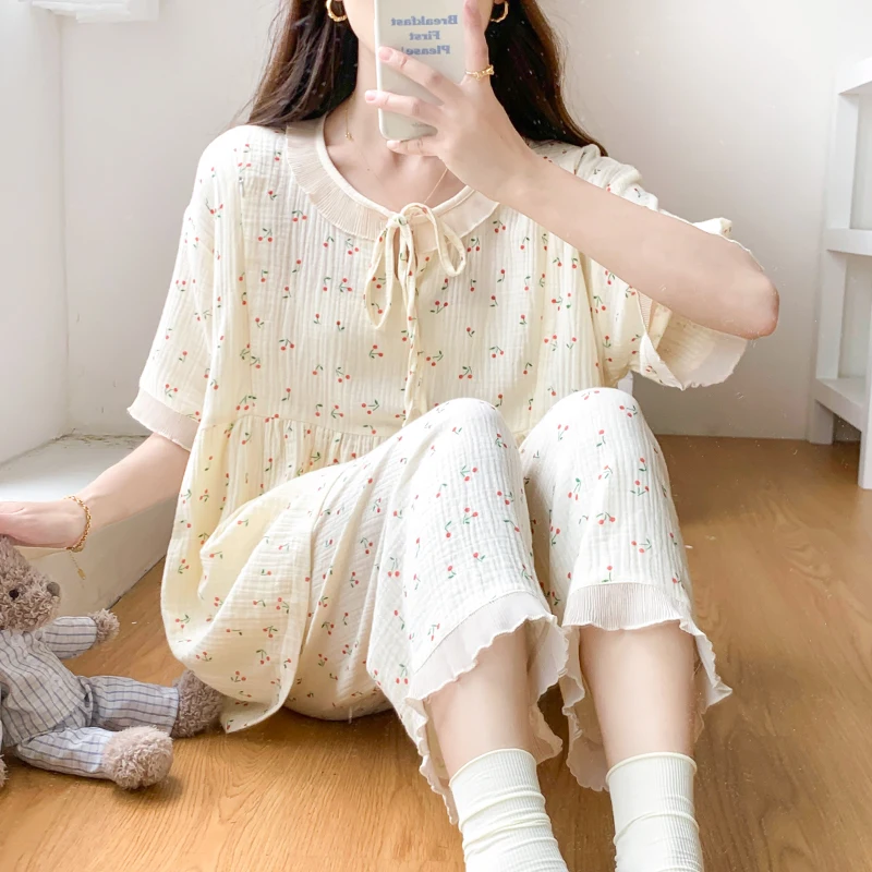 100% Gauze Cotton Maternity Nursing Sleepwear Sets Summer Thin Pajamas Clothes for Pregnant Women Pregnancy Sleep Home Hospital