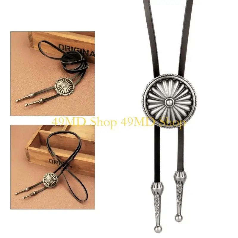 49MD Western Bolo Tie Vintage Bolo Tie Round Bolo Tie Necklace Cowboy Leather Necktie Cowboy Tie Sweater Chain Necklace