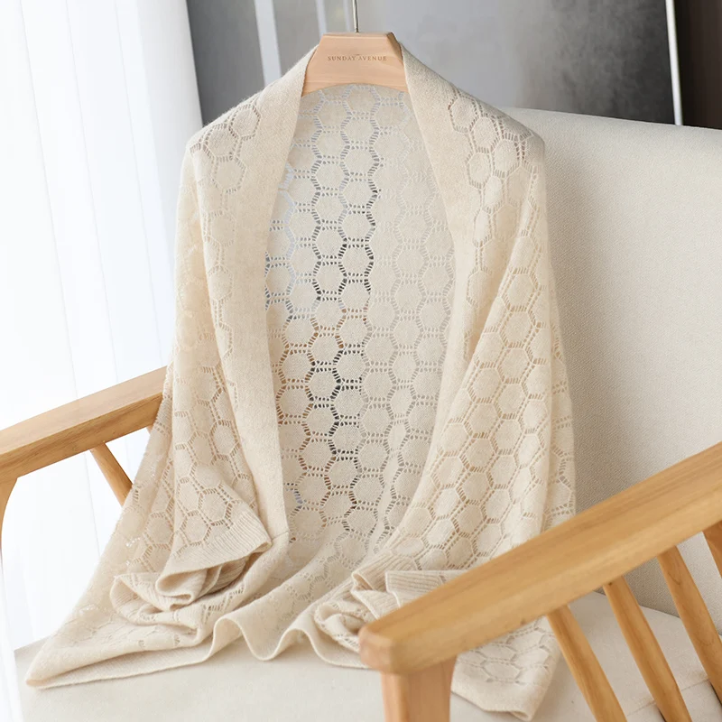 

100% Cashmere New Knitted Shawl Korean-Style Cardigan Dual-Use Hollow-Out Neck And Shoulder Protector Air Conditioning Scarf