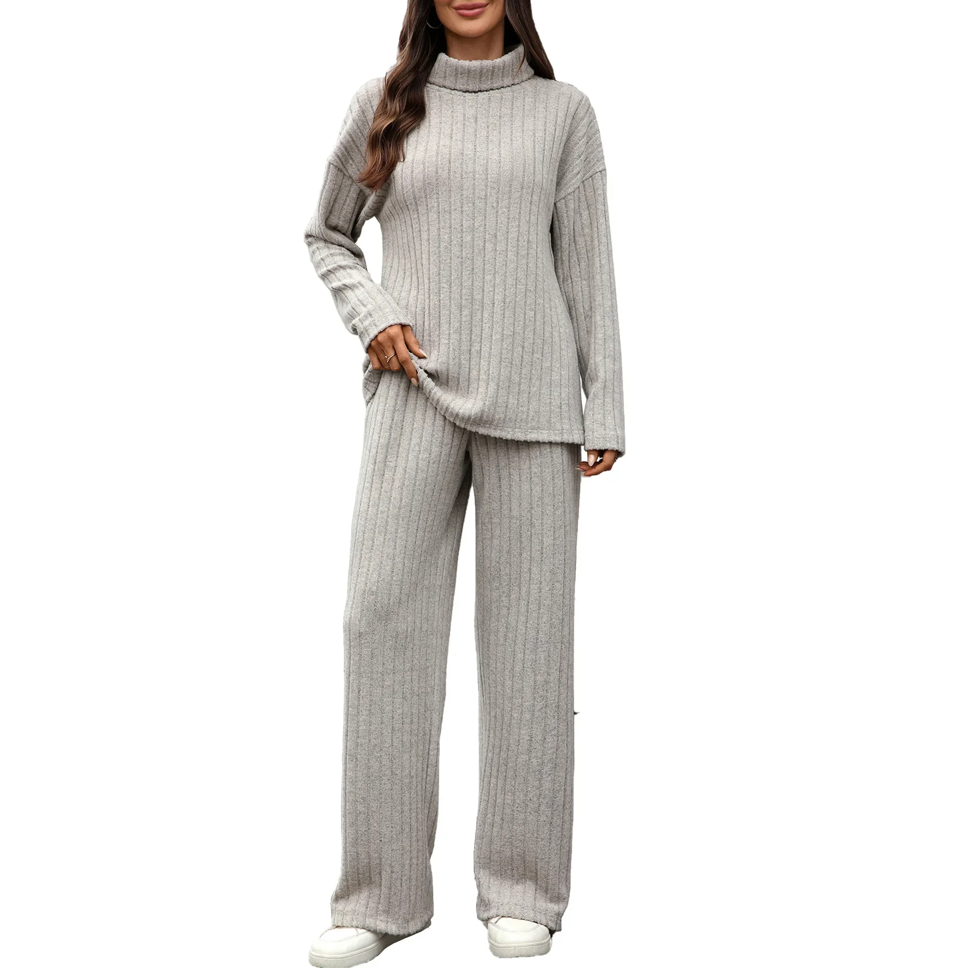 Loose Wide Leg Pants Two Piece Set Women's High Collar Long Sleeve Casual Pocket Cross-Border 2025 New Style Polyester Fiber