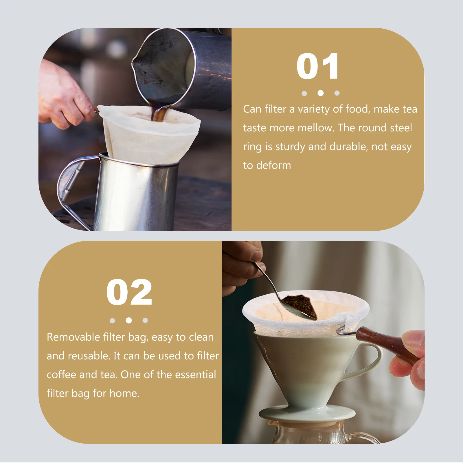 

Reusable Coffee Filter Bag Steel Ring Wooden Handle Tea Coffee Strainer Pouch Flannel Cloth Kitchen Bar Supplies Sturdy