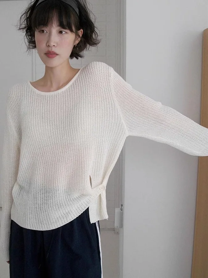 

Женский свободный длинный све, тонкий трикотаж, круглый, повседневный топ, модный, с открытым разрезом, осенний сезон, премиум-класса