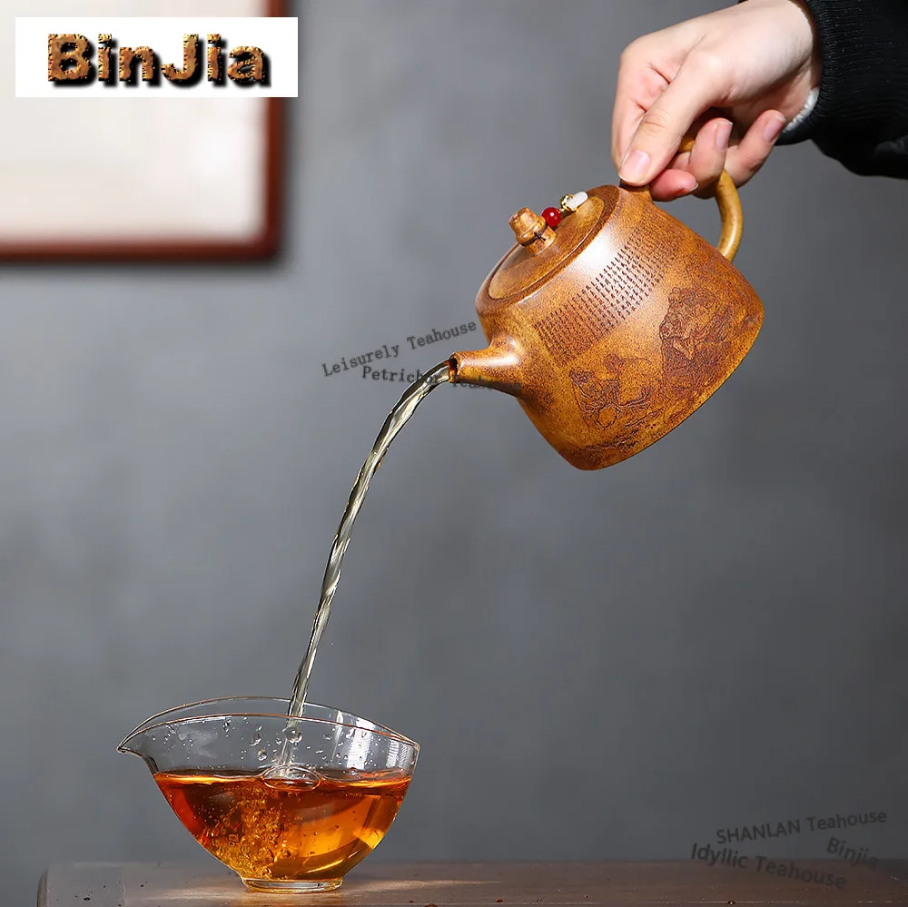 430ml Aesthetic Yixing Purple Clay Teapots Handmade Engraving Handuo Pot Raw Ore Section Mud Kettle Zisha Tea Set Ornaments