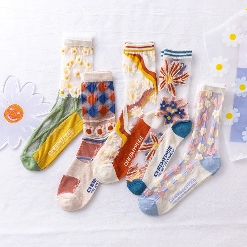 Designer Girls Skirt Socks Summer Women Lace Mesh Breathable Thincrystal Style Socks Creative Fruits Silk  Print Ultrathin Sock