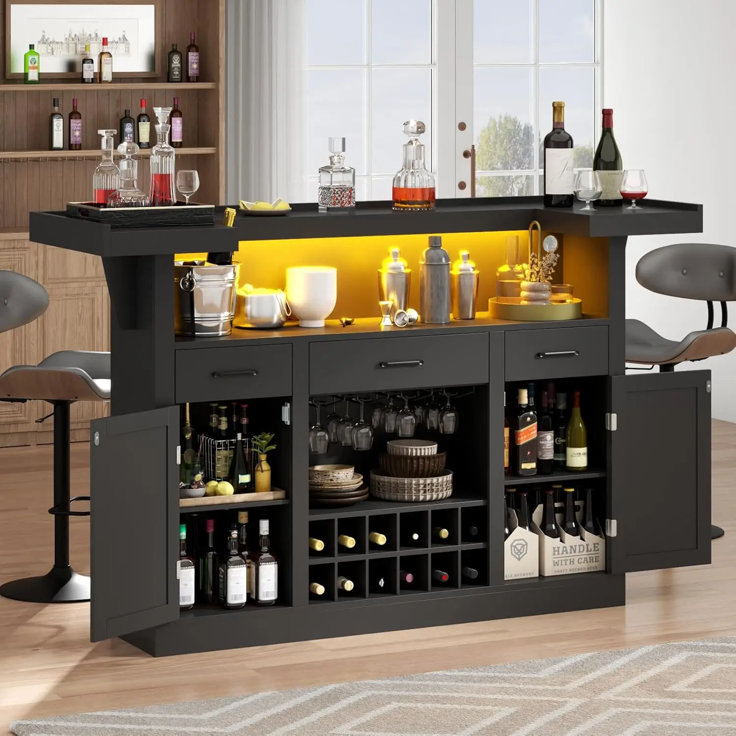 

Bar Table Cabinet with LED & 3 Drawers,Liquor Bar with Adjustable Storage Shelves & Stemware Holders, Crescent Shaped Counter fo
