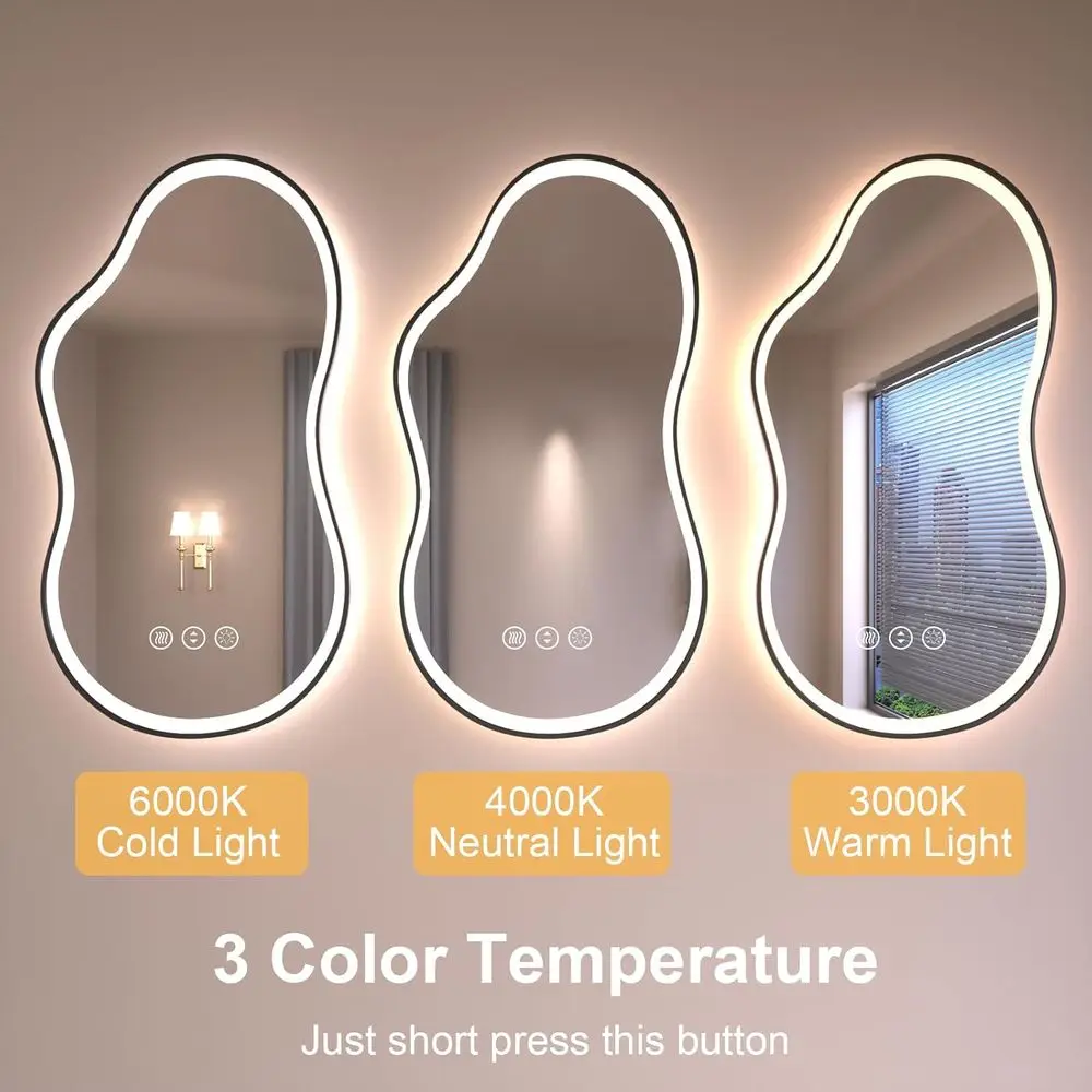 Miroir de salle de bain LED 20 x 36 pouces avec design asymétrique, antibuée, intensité variable en 3 couleurs, verre incassable, horizontal/vertique