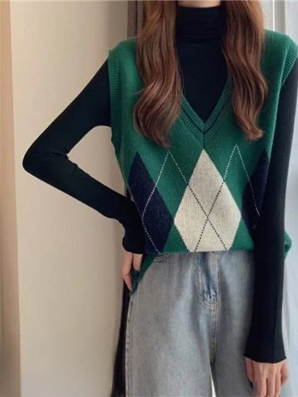 

Женский шерстяной жилет с V-образным вырезом и ромбовидным узором, осень-зима 2026, новая верхняя одежда, стандартная длина, без пуговиц