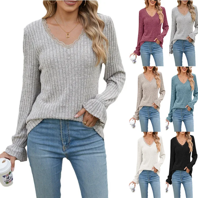 

Women's Blouses Basics Solid Color Knitted Tunic Tops Long Sleeve Pullover Fashion Female Lace Patchwork V-neck Sweatshirt