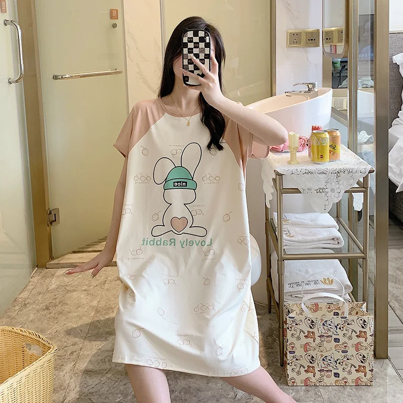 Summer New Nightgown Pajamas Homewear Loose Large Size Sweet Cute Cartoon Short-Sleeved Girls Loose Short-Sleeved Nightgowns