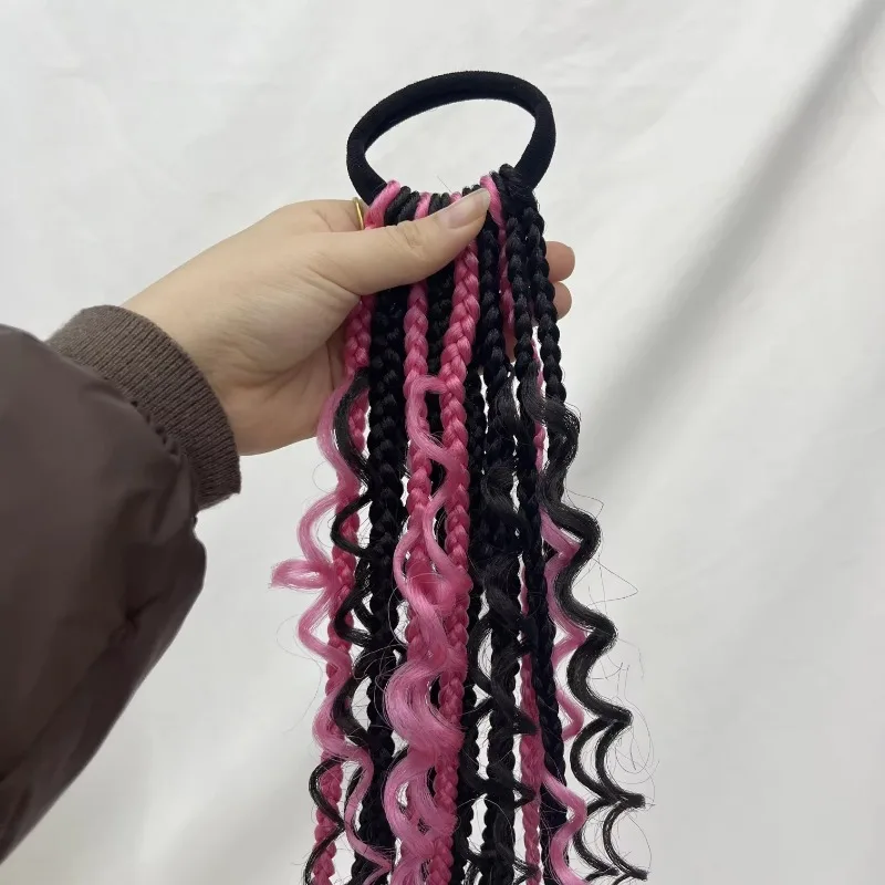 New arrival kids knotless braids with butterfly clips and furry hair ball highlight purple color 14inch box braids curly ends