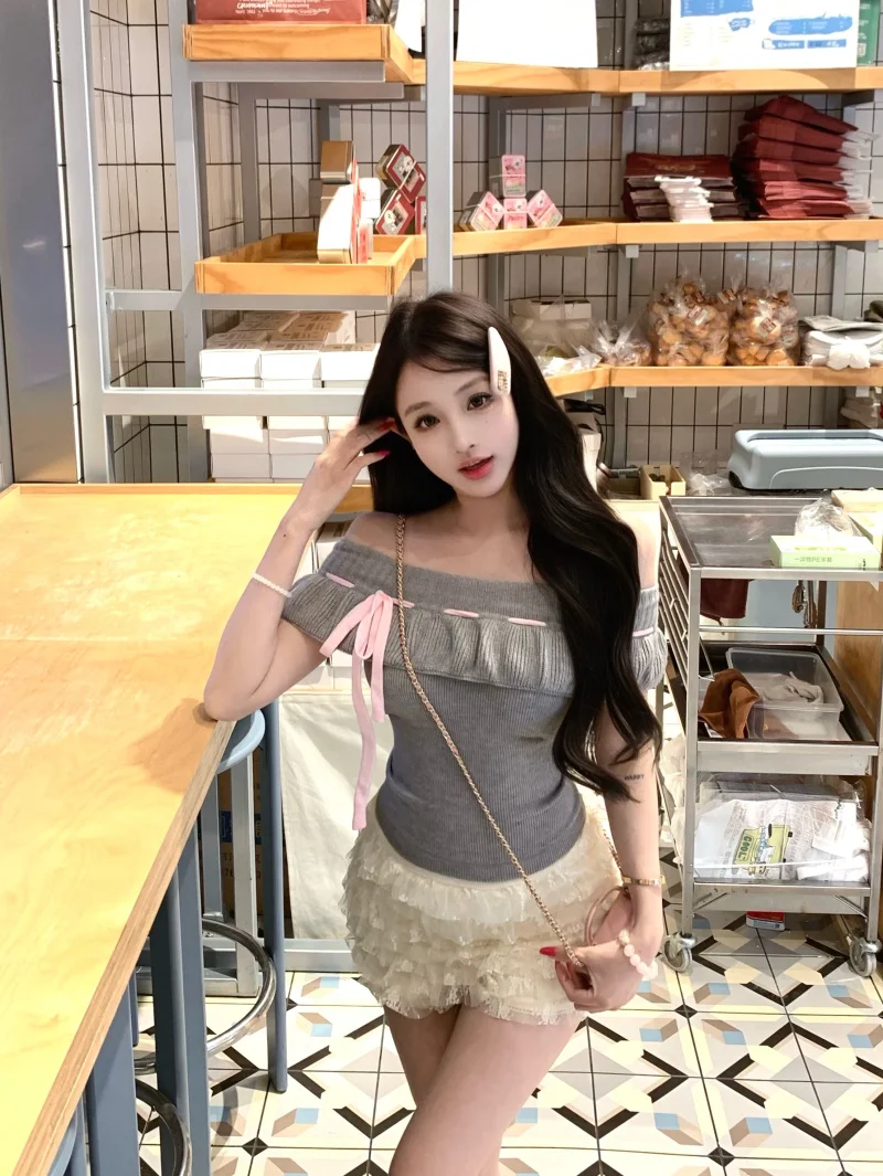 Pink Off-Shoulder Short-Sleeve Knitted Top Women's Slim-Fit Sexy Korean Style Commute Fashion Bell-Leg  Knitted Sweater view 2
