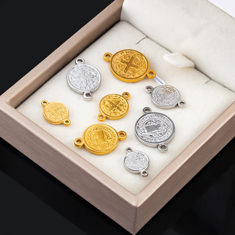 Ciondolo rotondo a doppio foro con croce in acciaio inossidabile da 5 pezzi per collana fai da te, connettore per bracciale, accessori per la creazione di gioielli religiosi