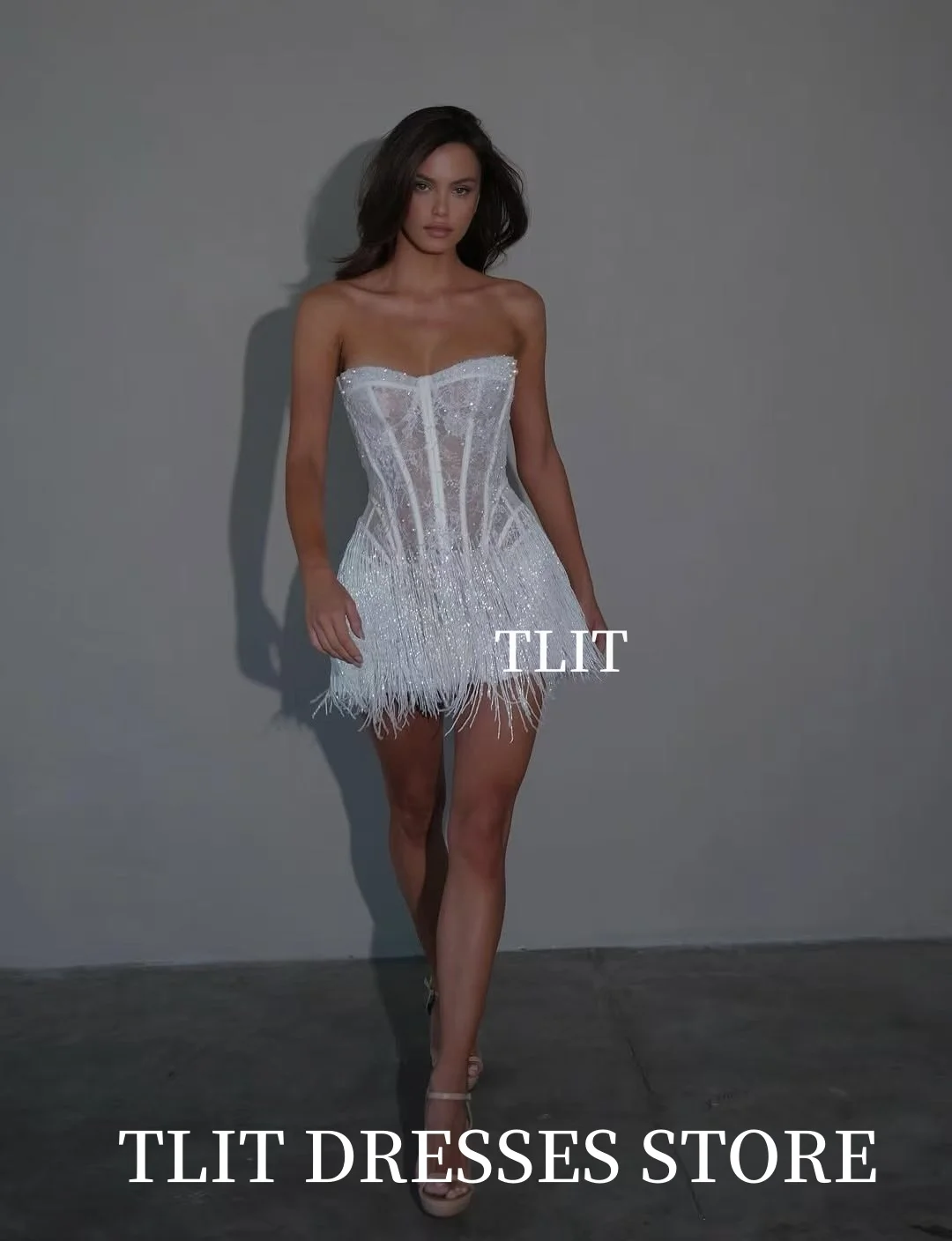 TLIT elegante vestido de noche corto de encaje árabe mujeres perlas brillantes vestidos de novia plumas personalizadas bata de velada