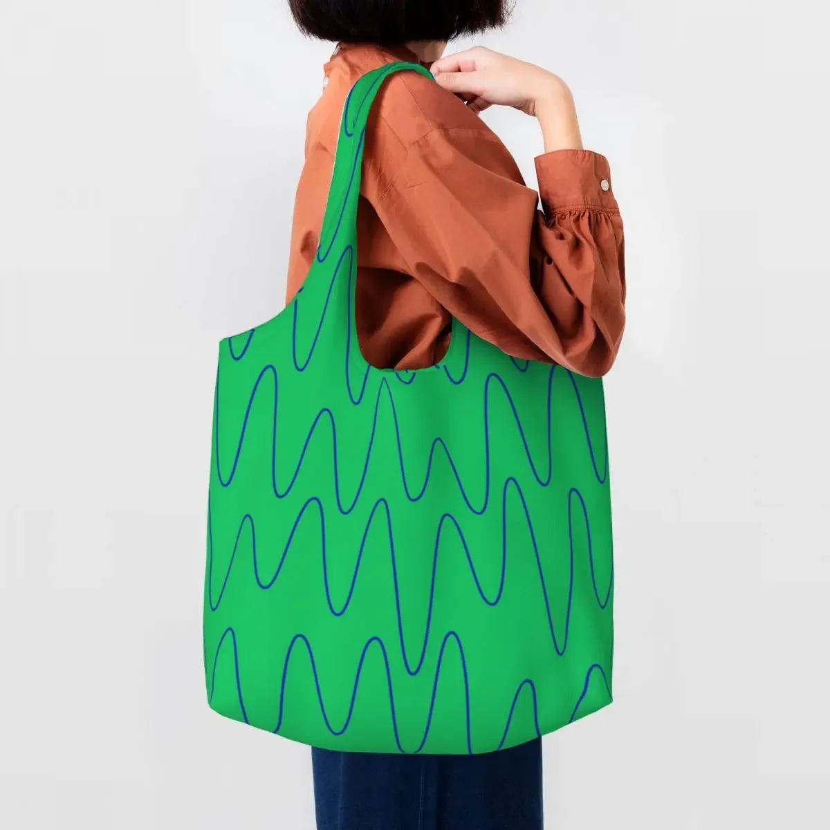 Custom Sound Waves Electric Green Grocery Shopping Tote Bags Women Street Eldridge Canvas Shopper Shoulder Bag Capacity Handbags