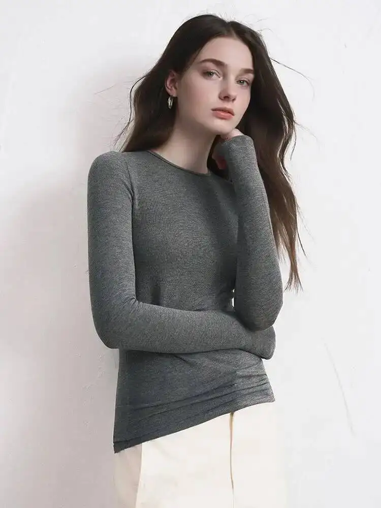Women Cashmere Blend Long Sleeve Top Autumn Winter Soft Modal Stretch Slim Fit Round Neck Basic Layering Knit T-Shirt view 3