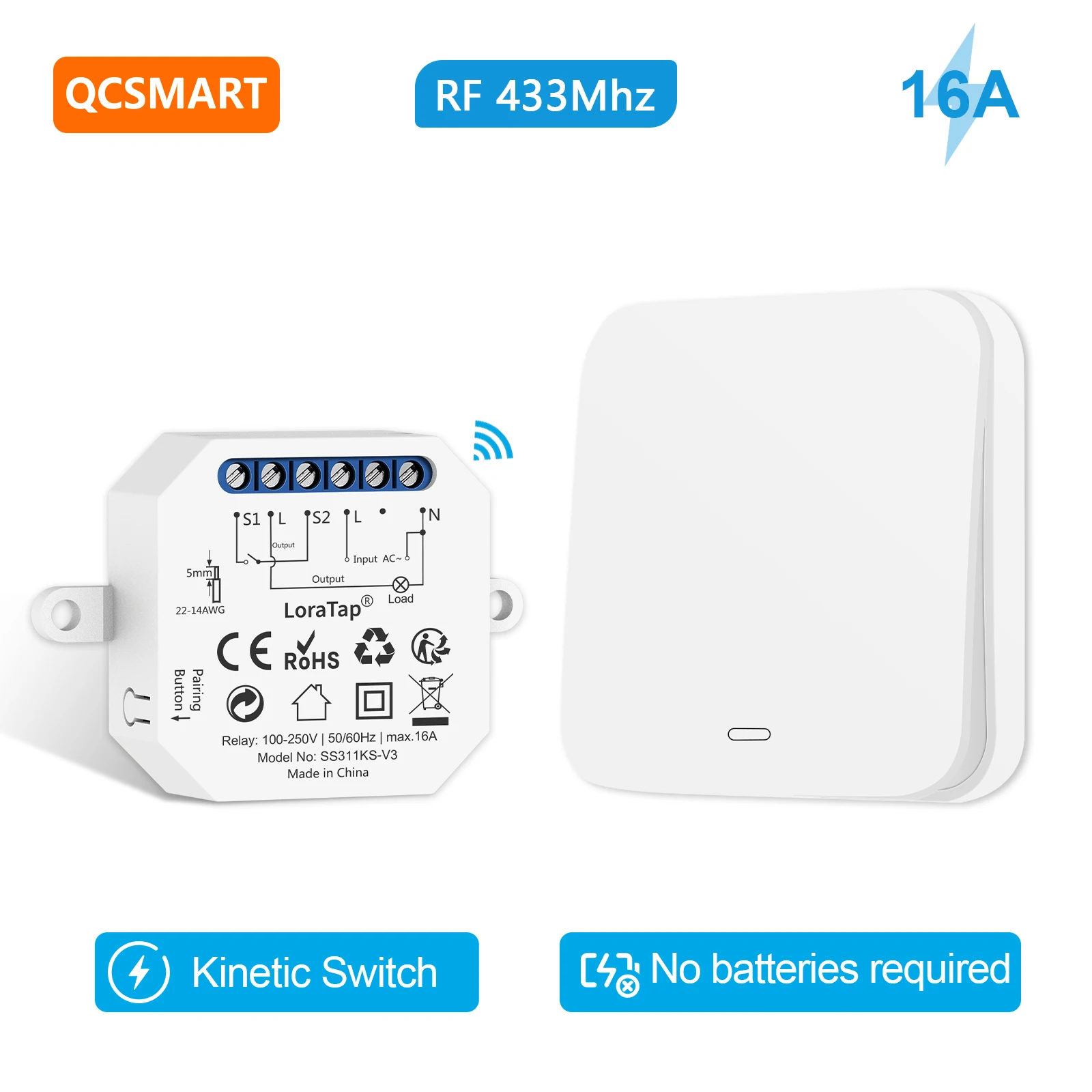 Wireless Switch Relay Module Dual Control Switch Remote Control with Kinetic Energy Waterproof Switch, RF433Mhz，Easy to install