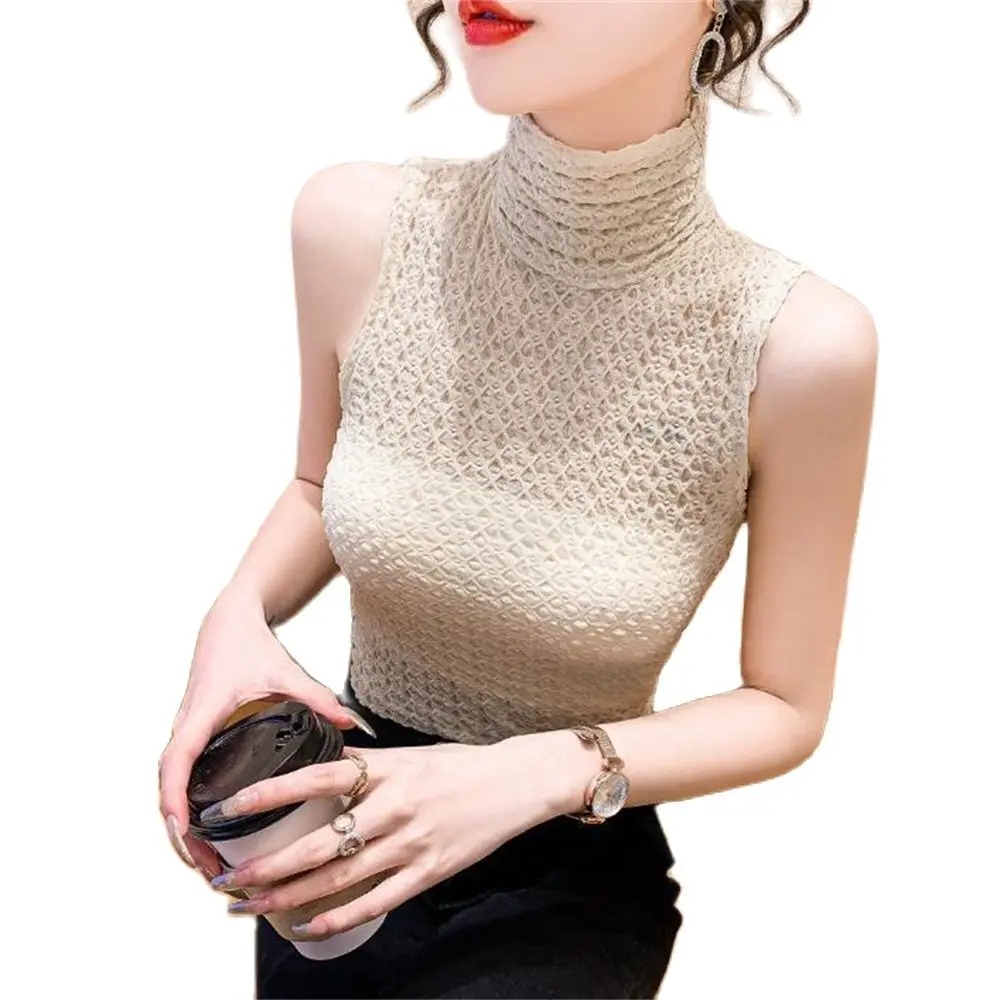 Women's Lace Bottoming Shirt Mesh Sleeveless Vests Slim Waistcoat Hollow Out Tops Summer Bodycon Clothing Thin Gilet Solid