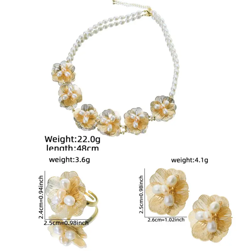 Natural Pearl Copper Gold-Plated Flower Necklace Earrings Ring Set Luxurious Design Set  Banquet Wedding Women's Jewelry GS0225 view 5